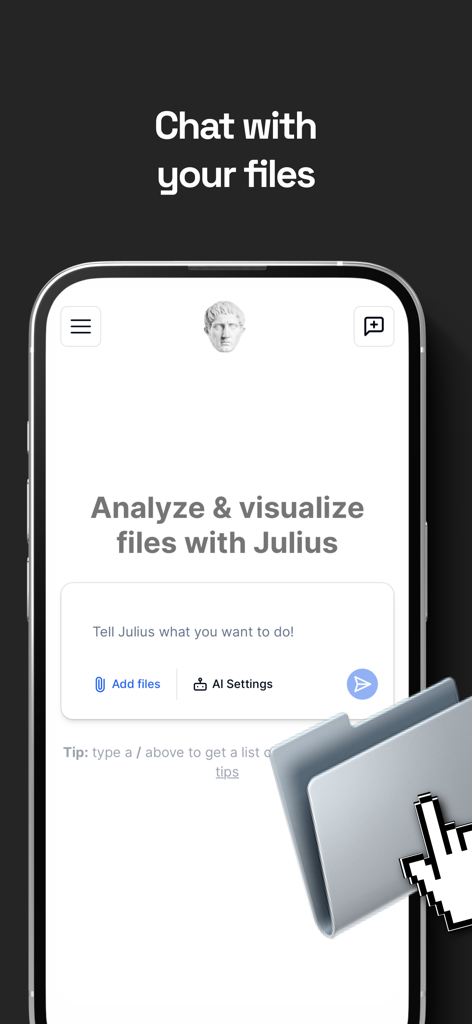Julius AI: Data & Math Helper - Écran de l'application mobile Julius AI montrant l'interface de chat pour analyser et visualiser des fichiers de données