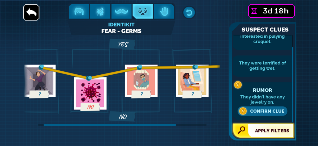 Identikit interface in the Carmen Sandiego mobile game for identifying suspects using collected clues.