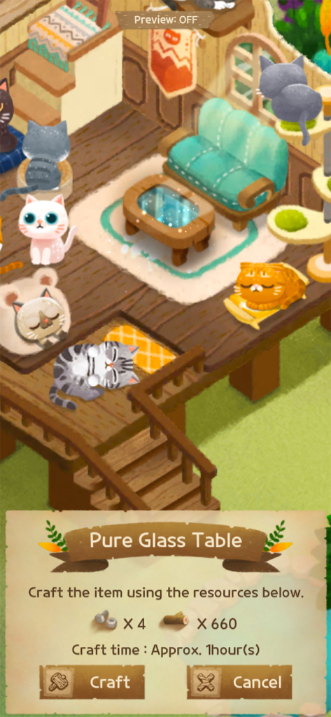 Secret Cat Forest - Captura de pantalla del juego Secret Cat Forest que muestra gatos descansando en una habitación de madera y un menú de creación de muebles para una Mesa de Cristal Puro.