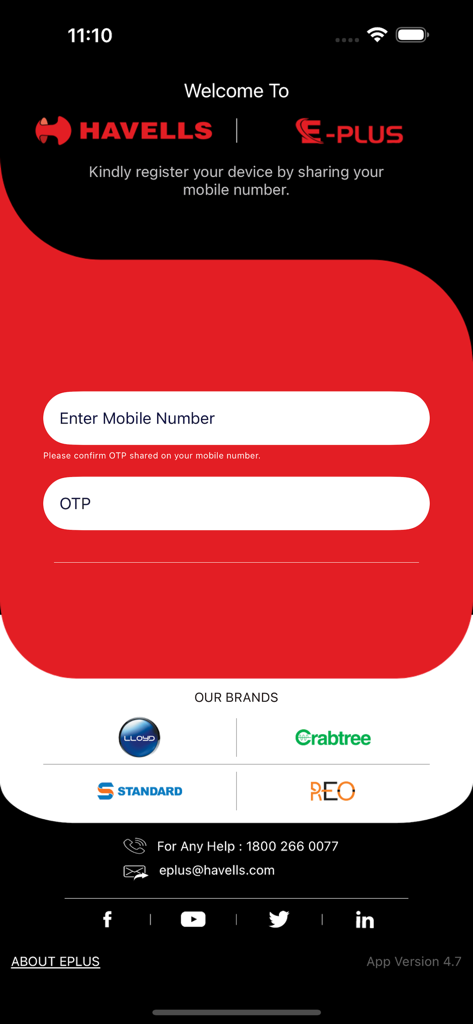 Havells EPLUS app registration screen featuring mobile number login and OTP verification for electrical contractors.