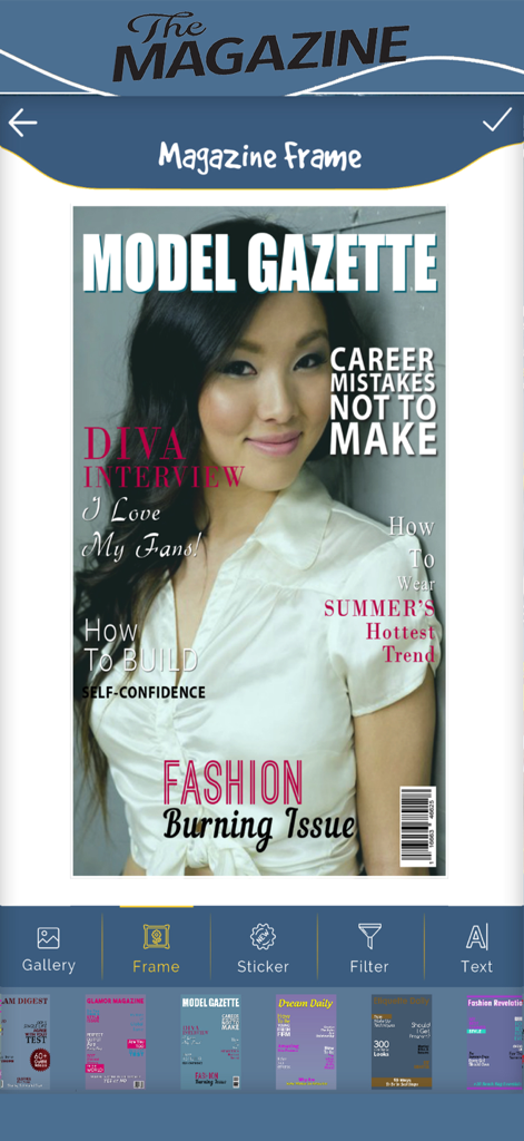 Magazine Cover - Frame Studio - Benutzeroberfläche der Magazin-Cover-Frame-Studio-App, die eine Mode-Magazin-Vorlage zeigt