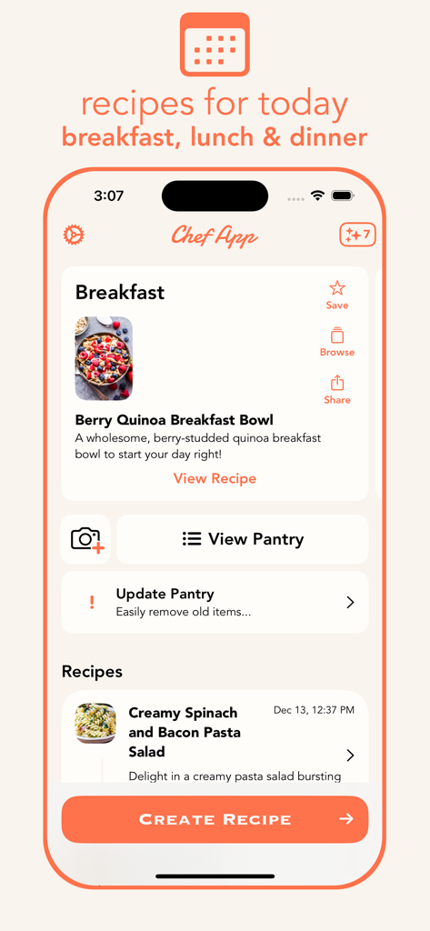 ChefApp - AI Recipe Creator - Panel móvil de ChefApp con una receta de desayuno y herramientas de gestión de despensa