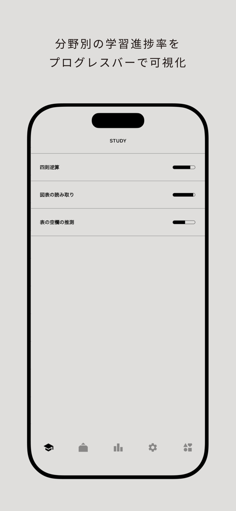 玉手箱対策アプリの学習画面、数学カテゴリの進捗バーが表示されている