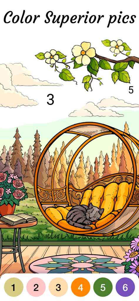 Eine entspannende Mal-nach-Zahlen-Szene mit einer schlafenden Katze in einem Gartenstuhl mit Waldhintergrund.