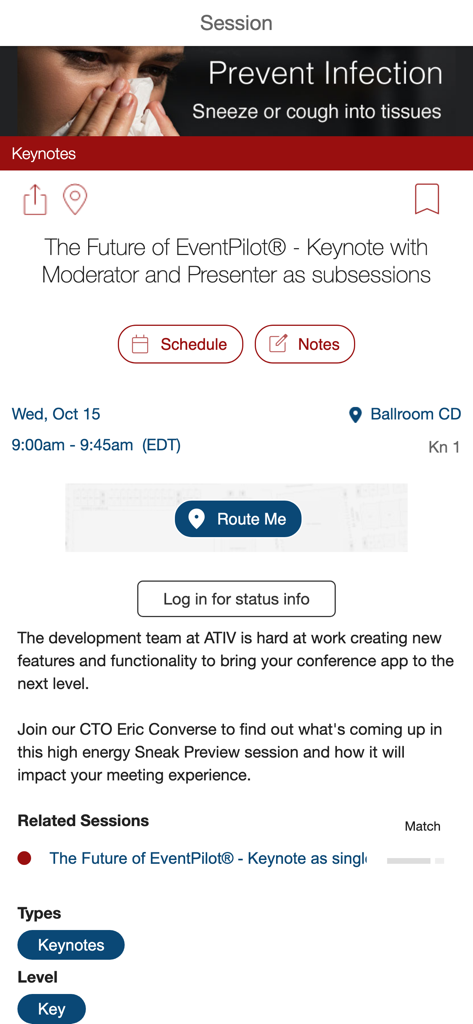 EventPilot Conference App - Vista detallada de una sesión magistral en la aplicación de conferencias EventPilot que muestra el horario y las opciones de toma de notas