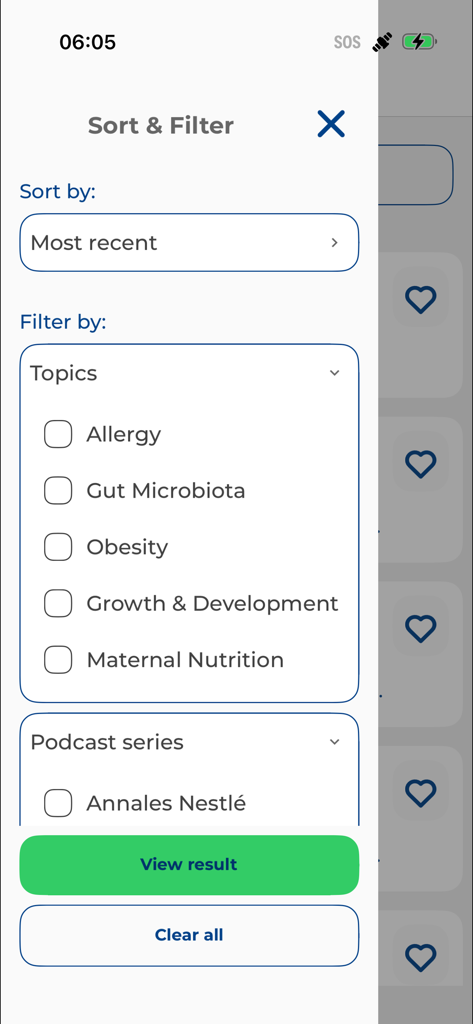 NNI365 - Schermata di ordinamento e filtro dell'app NNI365 che mostra argomenti di nutrizione medica come allergie e obesità