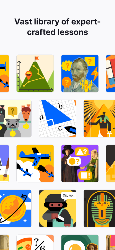 Nibble: Your Bite of Knowledge - Una griglia di icone illustrate colorate che rappresentano vari argomenti di apprendimento come matematica, arte e storia nell'app Nibble.