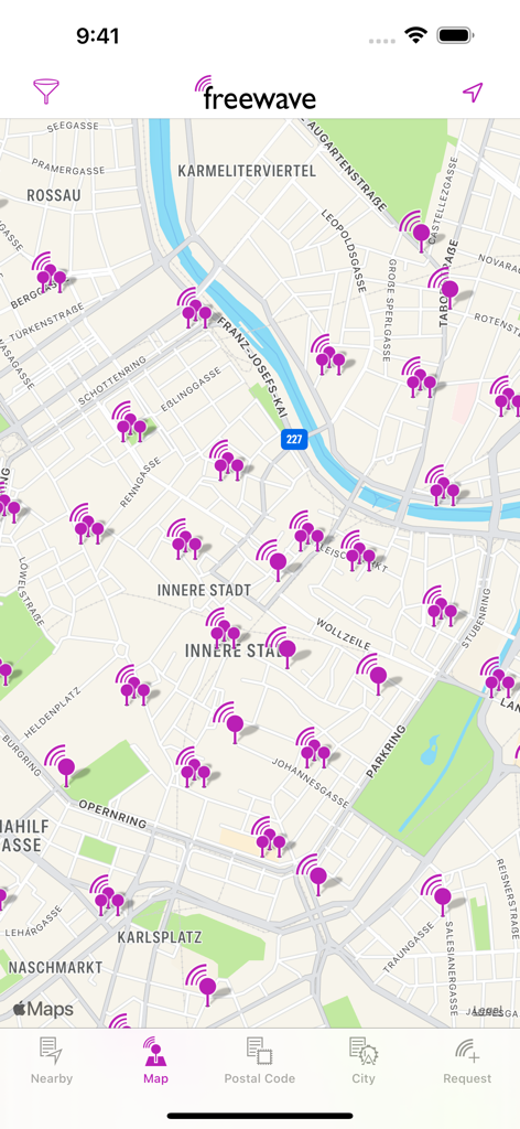 ウィーンの無料Freewave Wi-Fiホットスポットを示す地図