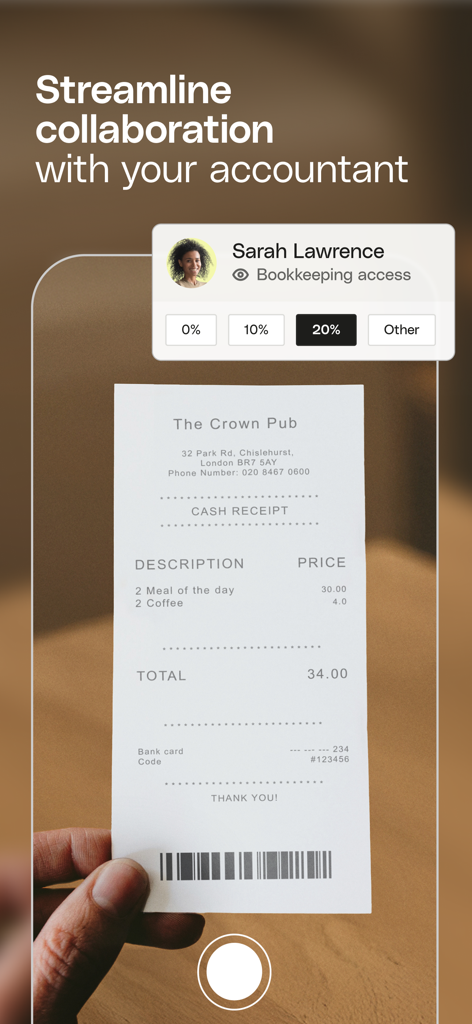 A user scanning a paper receipt with the Qonto app for streamlined bookkeeping and accountant collaboration.