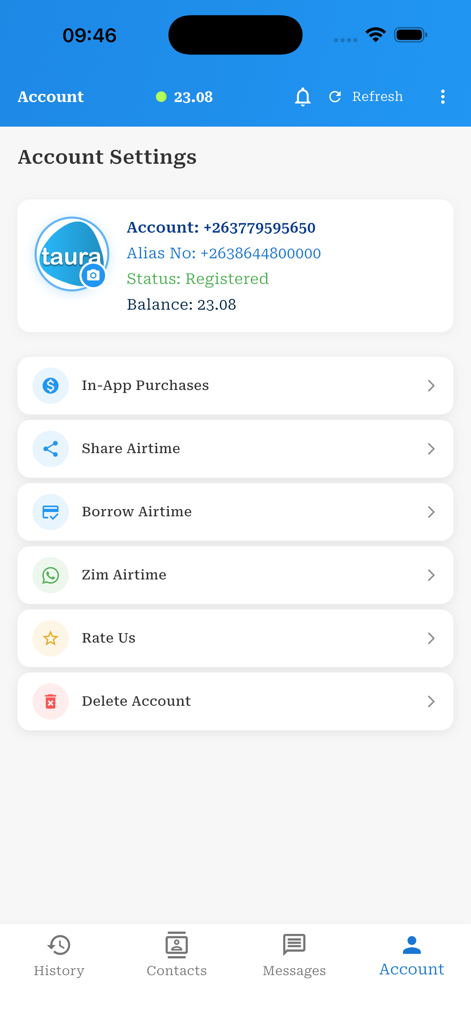 Taura - Account settings page of the Taura app showing account balance and airtime options