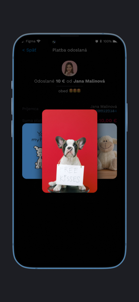 Tatra banka VIAMO - A payment confirmation screen in the Tatra banka VIAMO app showing a transaction of 10 Euros and a cute dog card