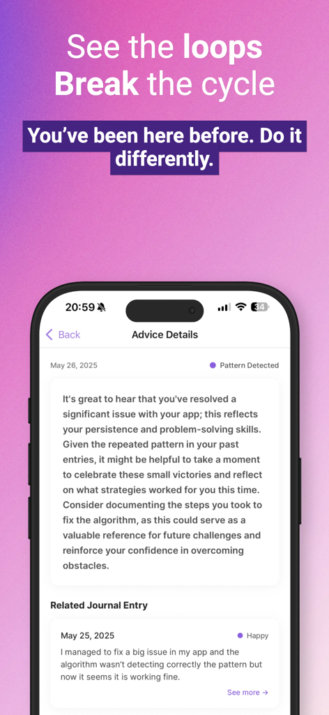 JournAI: AI Mood Journal - JournAI app interface showing AI pattern detection and personalized emotional advice