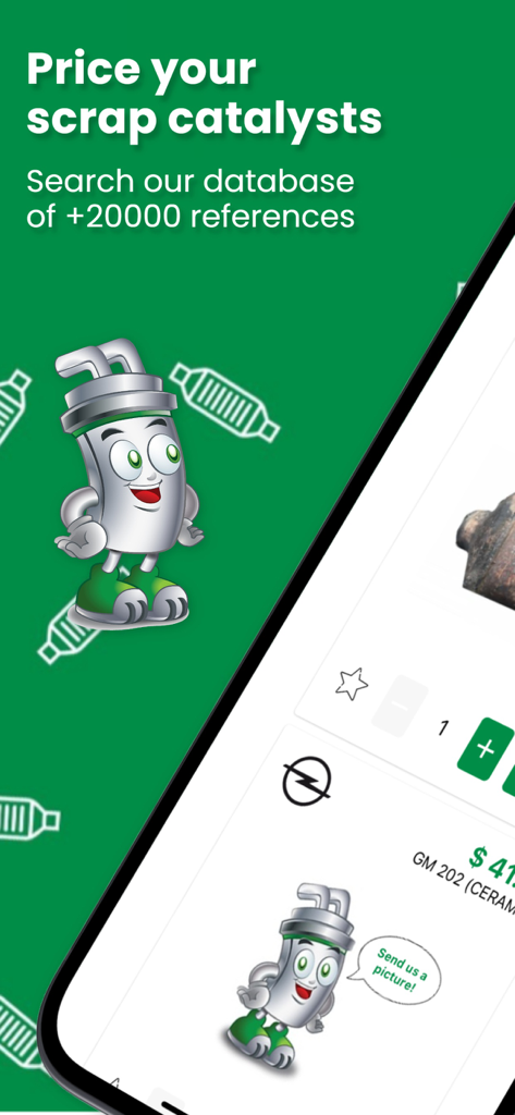 Eco Cat App screen showing scrap catalyst pricing and a database of over 20000 references