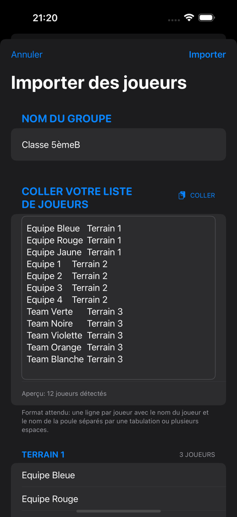 Schermata dell'app mobile che mostra l'interfaccia di importazione giocatori con un elenco di squadre e assegnazioni di campo per un torneo.