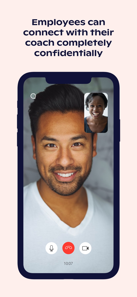 Sama Coach: Sama for coaches - Smartphone screen displaying a confidential video call session between a professional coach and an employee.