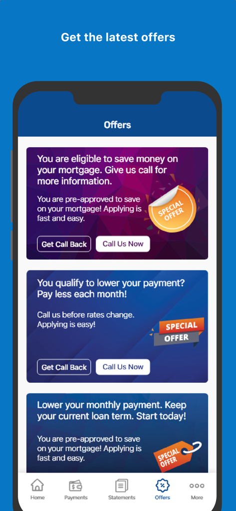 Screen of Freedom Mortgage app displaying special offers to lower monthly payments