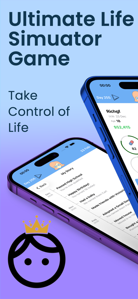 Life Sim app interface with character milestones and life progress