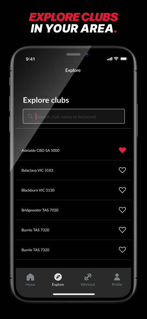 Zap Fitness - Zap Fitnessアプリの画面。検索バーとジムの場所リストが表示されたクラブ探索機能を示しています。