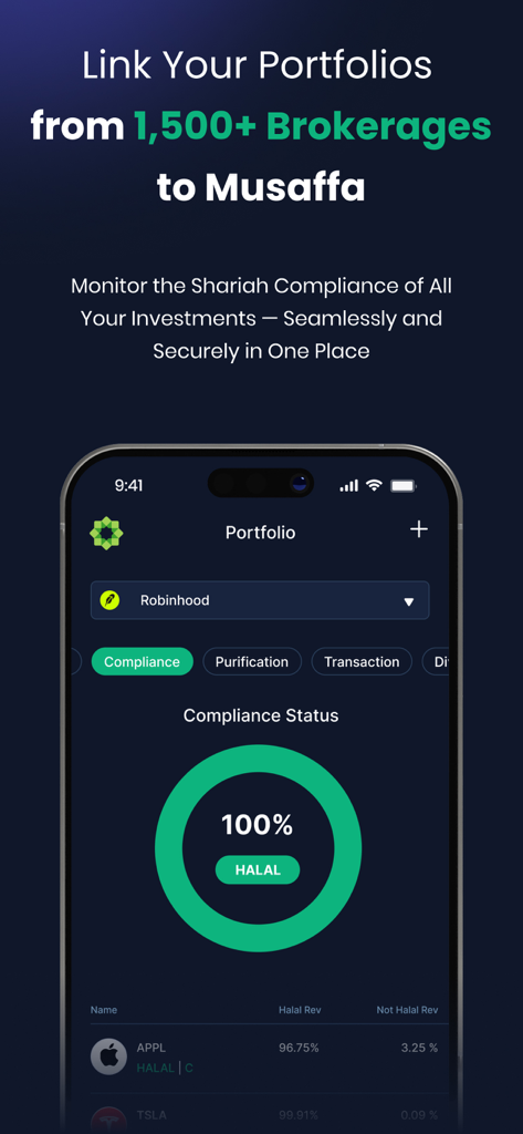 Smartphone screen showing Musaffa app's portfolio compliance feature with a 100 percent halal status rating