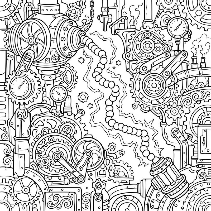 Journey into a fantastical realm where scientific marvels meet Victorian aesthetics with our Steampunk Bead Lightning coloring page. This intricate design features a mesmerizing beaded lightning bolt surrounded by complex gears and industrial machinery, offering a unique artistic challenge.