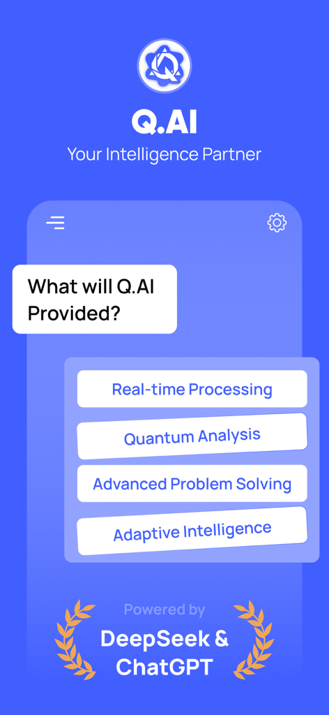 Q.AI - Ask AI Chatbot Deepseek - Q.AI chatbot mobile app interface showing features like real time processing and problem solving powered by DeepSeek and ChatGPT