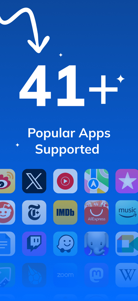 Link Opener: Save All URLs - A screen showing that Link Opener supports over 41 popular apps with icons for YouTube, X, and Reddit.