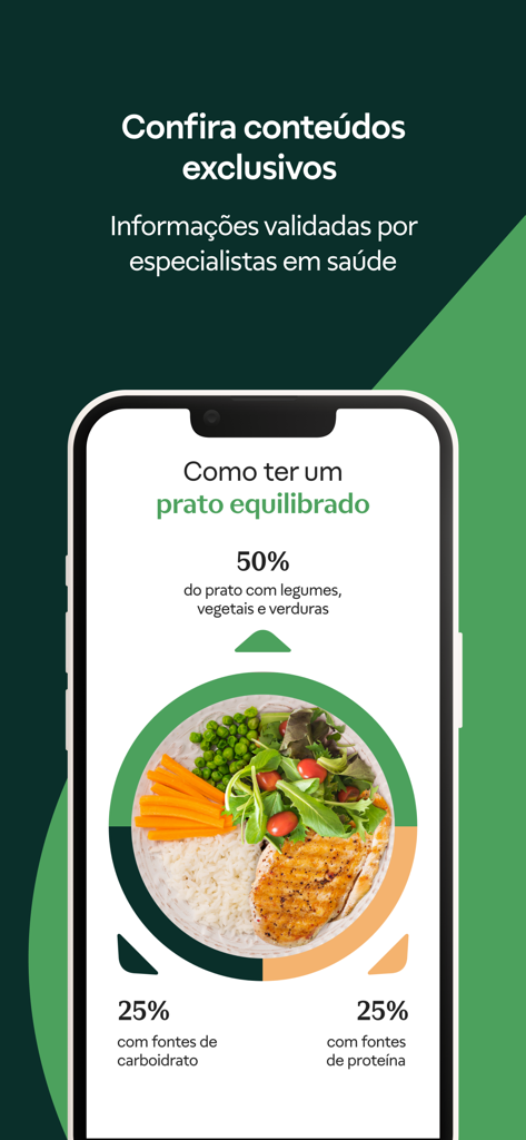 Programa Mais Saúde (Vitat) - A mobile app screen showing a balanced meal guide with proportions for vegetables, carbs, and protein.