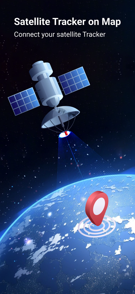 Satellite Tracker & Finder - Ein Satellit im Erdorbit verfolgt einen Ort, der mit einem roten Stift markiert ist