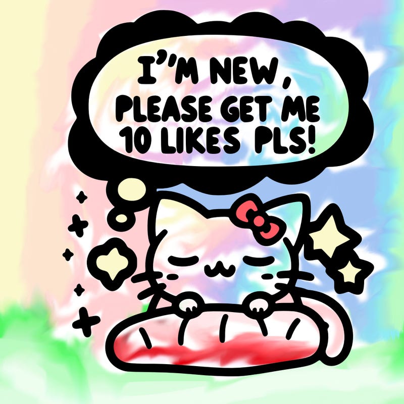 kitty taking a nap dream talking and saying "i'm new, please get me at least 10 likes pls!!"