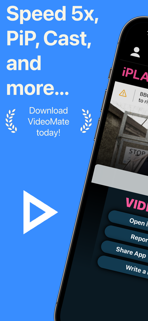 VideoMate - Casting for Safari - Tela promocional para a extensão VideoMate para Safari destacando controle de velocidade 5x, Picture-in-Picture e recursos de transmissão