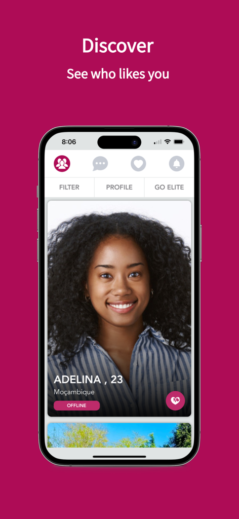 Discover screen of the Africa Love Match dating app showing a user profile from Mozambique