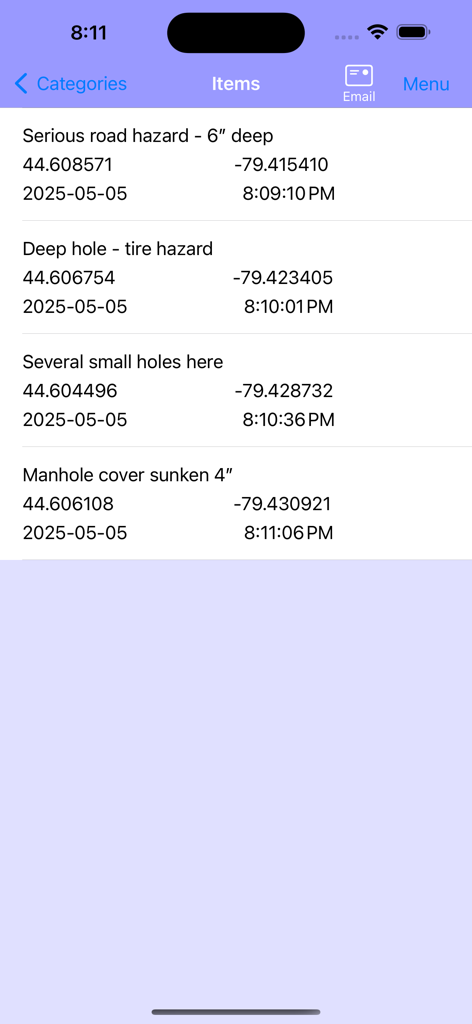 GeoLog - List of categorized geographic locations with GPS coordinates and timestamps in the GeoLog app