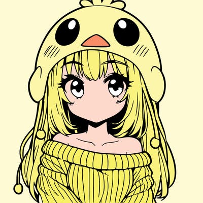 anime girl with chick shaped hat with sweater with bare shoulders with bangs covering them one eye with low tail