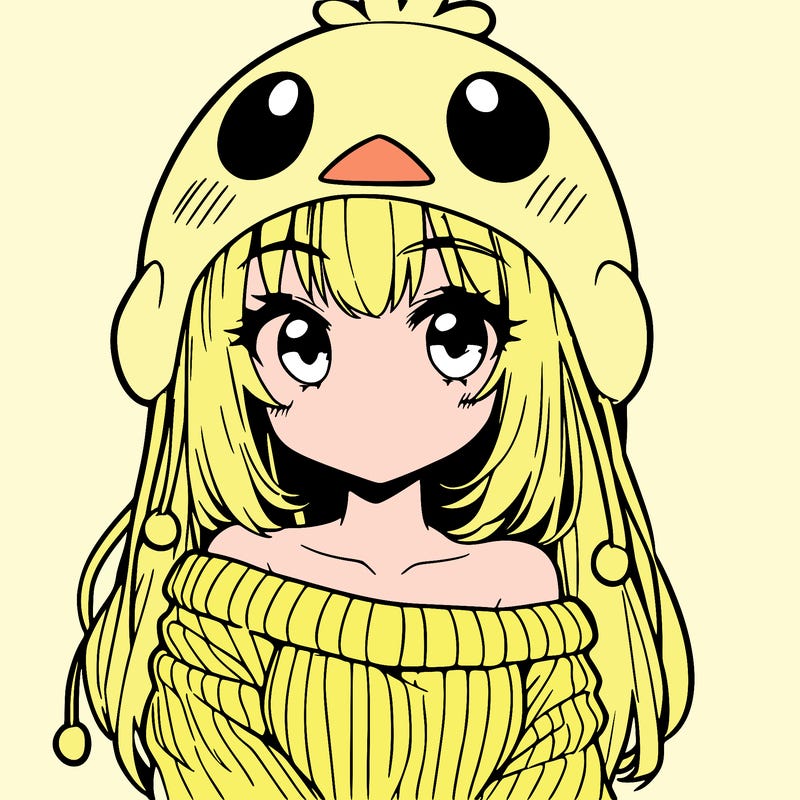 anime girl with chick shaped hat with sweater with bare shoulders with bangs covering them one eye with low tail