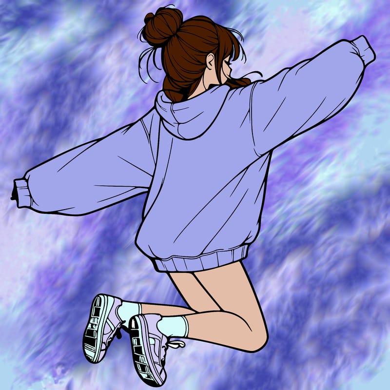 realistic girl jumping with a bun and oversized sweatshirt