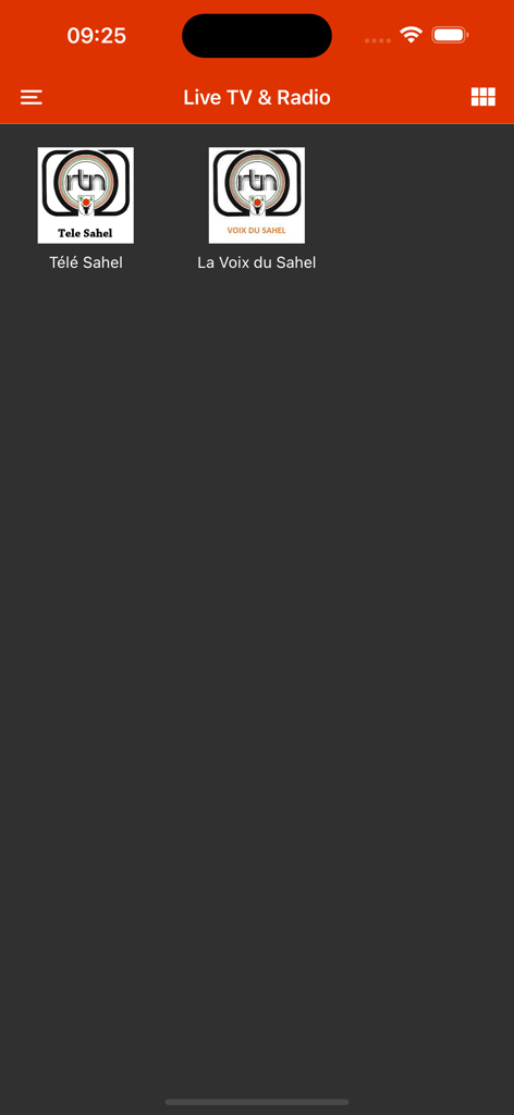 ORTN Télé Sahel - ORTN Tele Sahel mobile app interface showing Live TV and Radio channel options