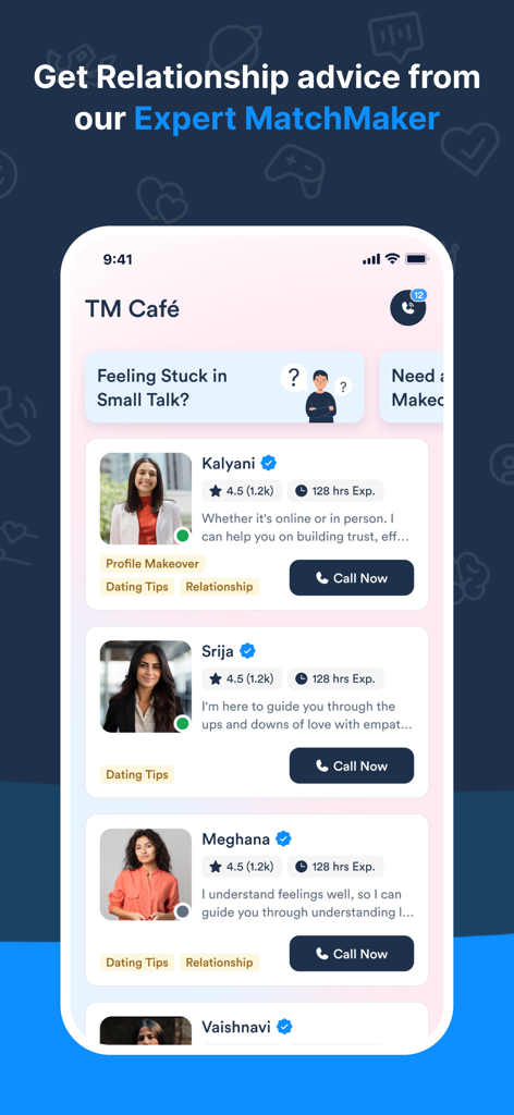 데이트 조언을 위해 전문 관계 전문가 및 매치메이커와 연결할 수 있는 TM Cafe 섹션을 보여주는 TrulyMadly 앱의 스크린샷
