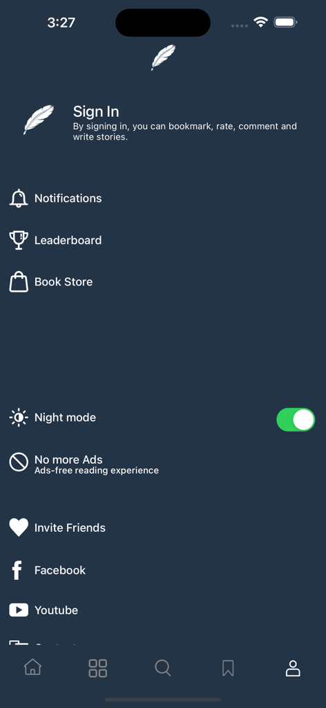The settings and profile menu of the Kathuwaraya app showing night mode and social links.
