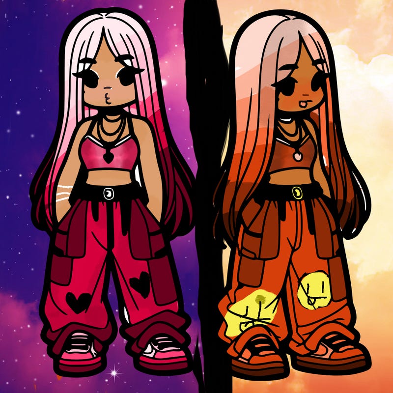 girl in baggy pants crop top and long hair