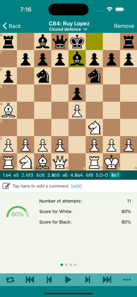 Chess Opener Lite - Interactive chess opening trainer displaying Ruy Lopez defense with user performance statistics.