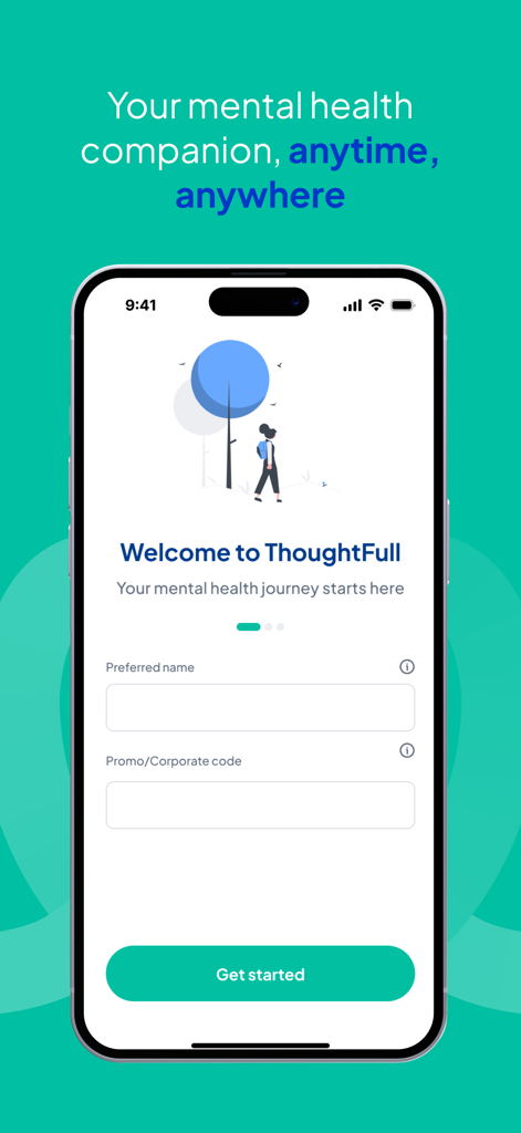 ThoughtFull: Mental Health App - ThoughtFull mental health app onboarding screen with a welcome message and get started button