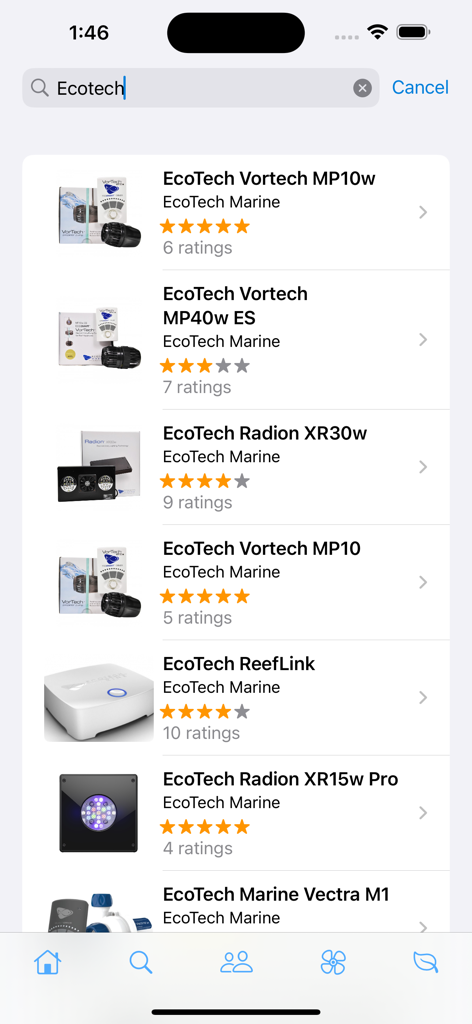 AquaticLog - Una página de resultados de búsqueda en la aplicación AquaticLog que muestra varios equipos de acuario EcoTech Marine con calificaciones.