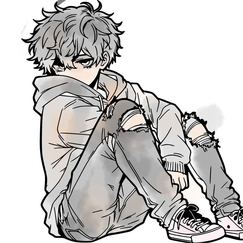 a male hoddie ripped jeans messy hair anime