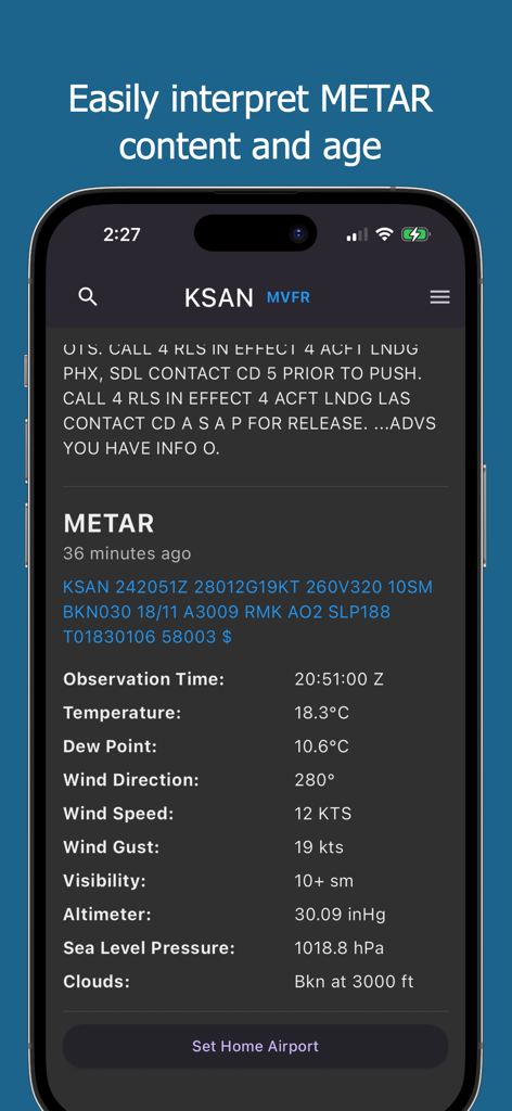 ATIS Relay - ATIS Relay app displaying decoded METAR weather information for KSAN airport