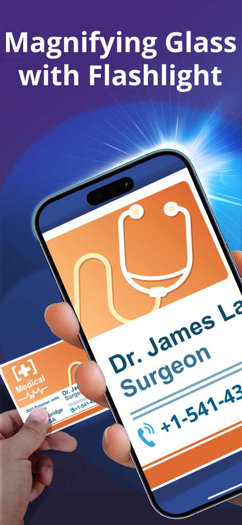 A smartphone using the Magnifying Glass app to zoom in on a surgeon business card for better readability