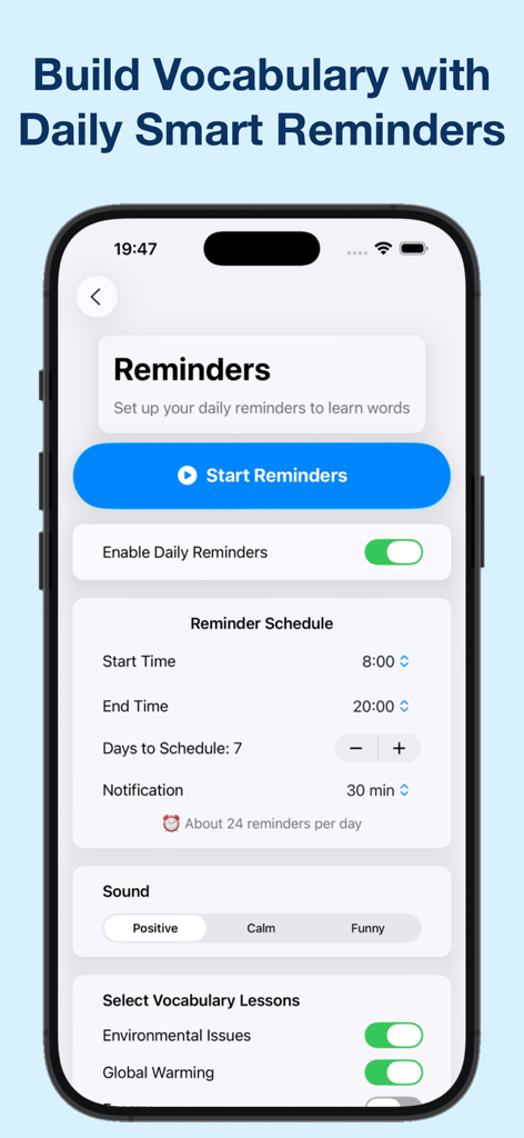 Learn English - Grammar, Vocab - Learn Englishアプリで毎日の語彙リマインダーを設定するためのスマートフォンインターフェース。スケジュールとレッスンのオプションが表示されています。