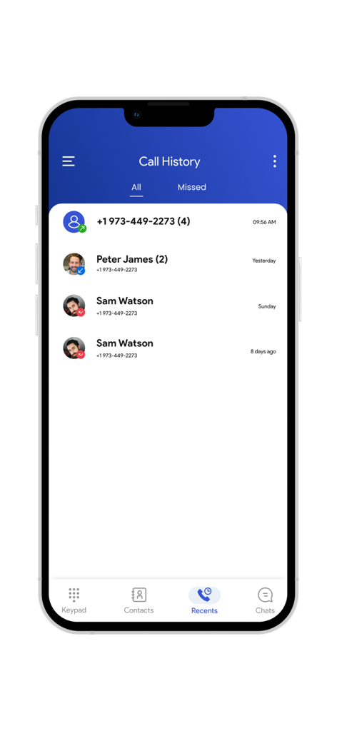 TelebuHub - TelebuHub app interface showing the call history screen with a list of recent calls and contact names