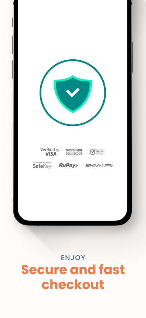 Urban Ladder - Pantalla de pago seguro de la aplicación Urban Ladder con logotipos de pago de confianza como Visa Mastercard y RuPay