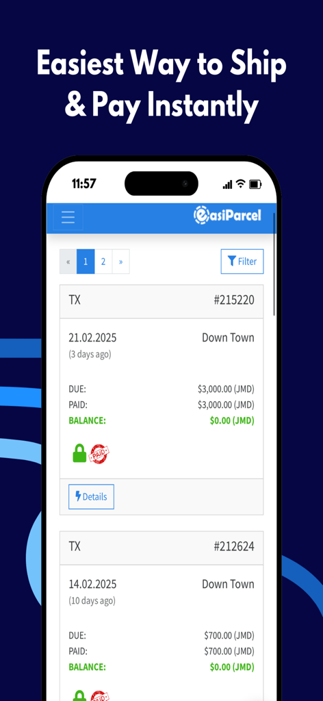 Easiparcel - Easiparcel mobile App-Oberfläche, die Transaktionsaufzeichnungen mit Zahlungsstatus und Saldo-Details in jamaikanischen Dollar anzeigt.