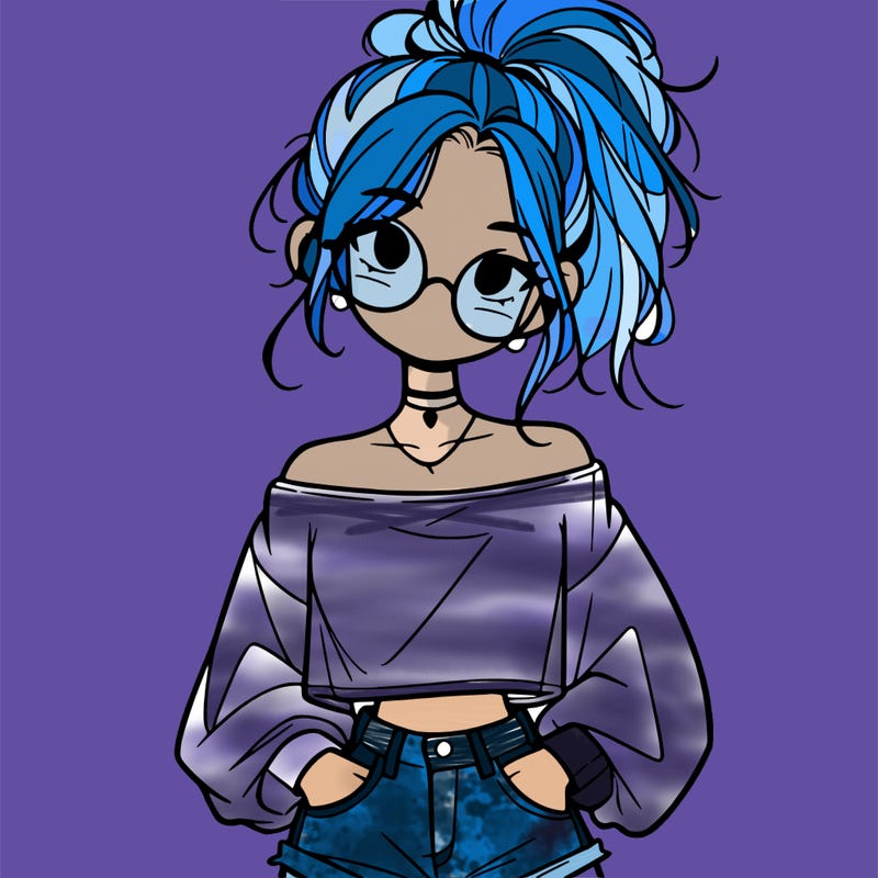 girl with a messy ponytail glasses a baggy crop top and jean shorts